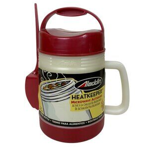 Aladdin HeatKeeper Food Bottle Microwaveable Mug Insulated 10oz Red White Spoon